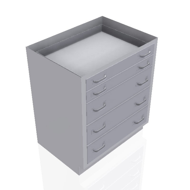 USPE 30 in. Stainless Steel Base Cabinet: 2 Long Small Drawers, 3 Long Medium Drawers, USPE-CW-B384; configuration reference, supplied build requires review