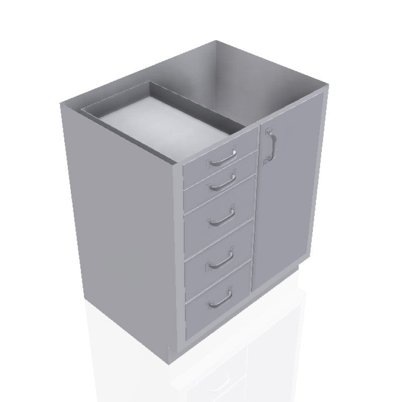 30 in. Stainless Steel Prep Room Base Cabinet: 2 Small Drawers, 3 Medium Drawers, Right Door