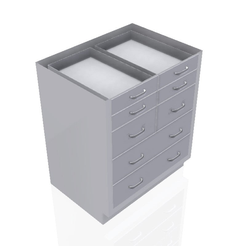 USPE 30 in. Stainless Steel Base Cabinet: 4 Small Drawers, 2 Medium Drawers, 2 Long Medium Drawers, USPE-CW-B393; configuration reference, supplied build requires review