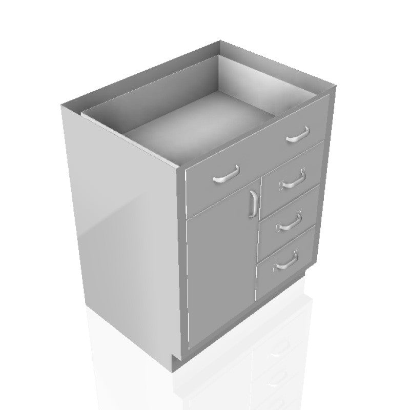 USPE 30 in. Stainless Steel Base Cabinet: 1 Long Medium Drawers, 3 Medium Drawers, Left Door, USPE-CW-B398; configuration reference, supplied build requires review