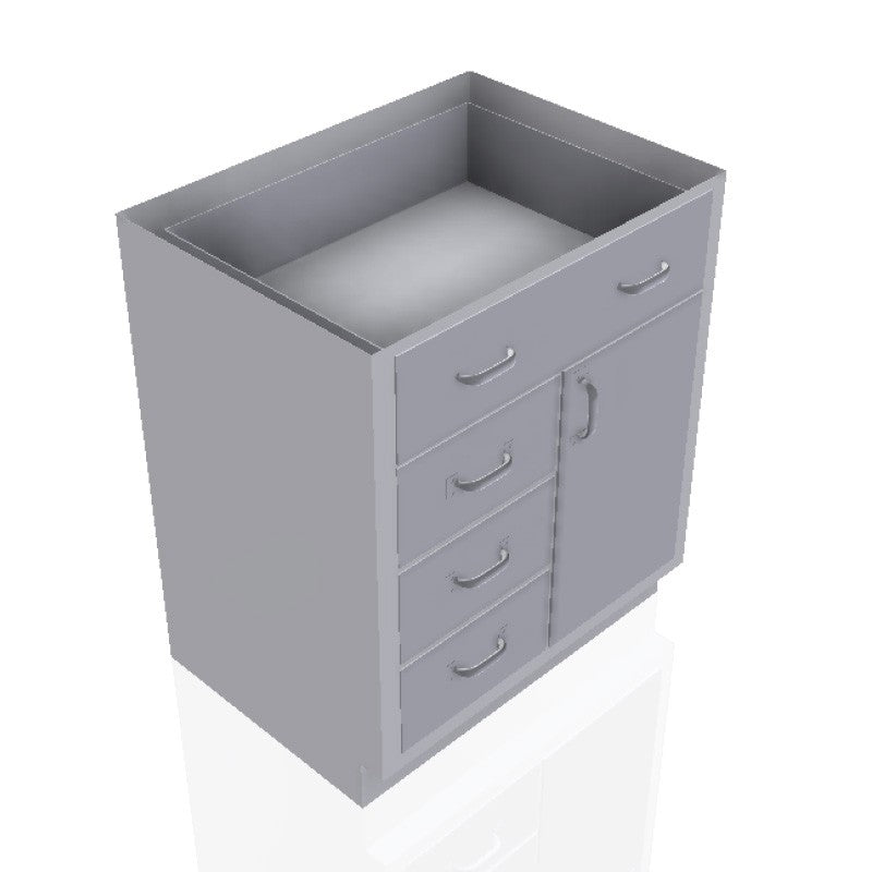 USPE 30 in. Stainless Steel Base Cabinet: 1 Long Medium Drawers, 3 Medium Drawers, Right Door, USPE-CW-B399; configuration reference, supplied build requires review