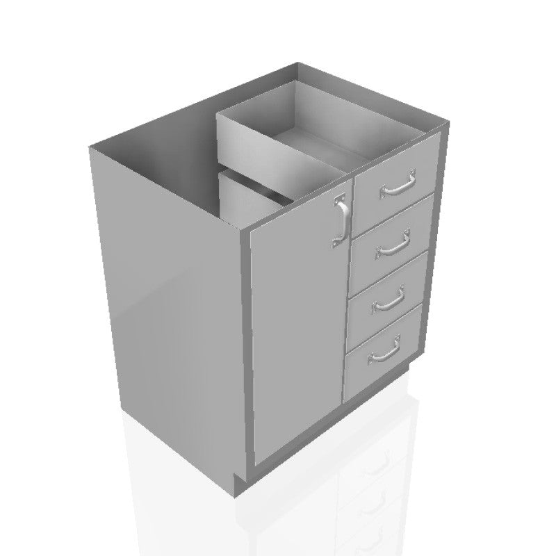 USPE 30 in. Stainless Steel Base Cabinet: 4 Medium Drawers, Left Door, USPE-CW-B400; configuration reference, supplied build requires review