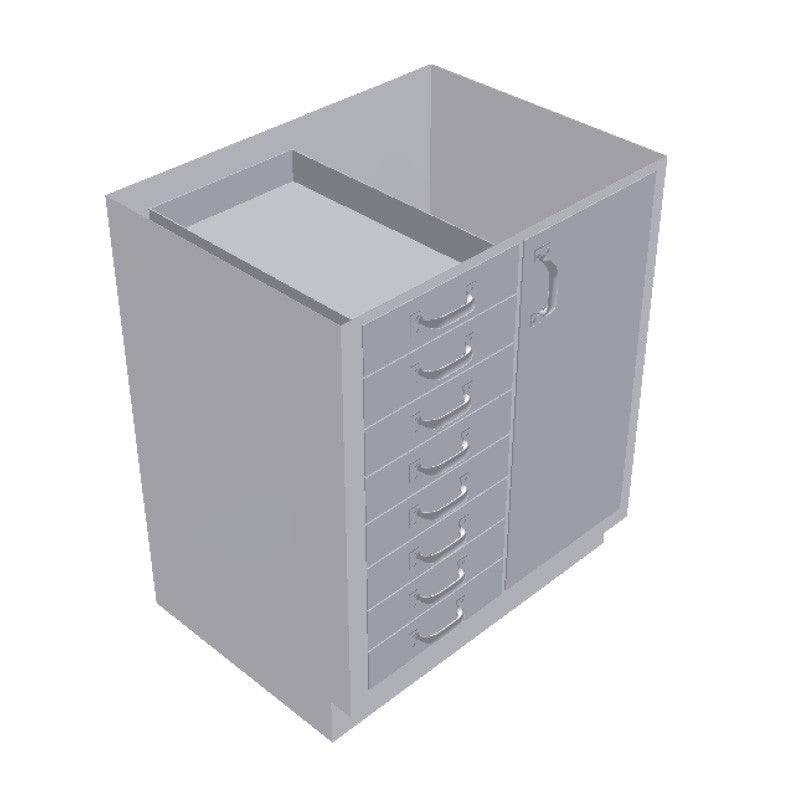 USPE 30 in. Stainless Steel Base Cabinet: 8 Small Drawers, 1 Right Door, USPE-CW-B407; configuration reference, supplied build requires review