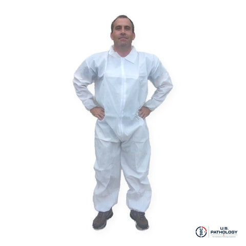 USPE Fluid-Resistant Embalming Coverall, PE-Coated, Elastic Wrists & Ankles – front view