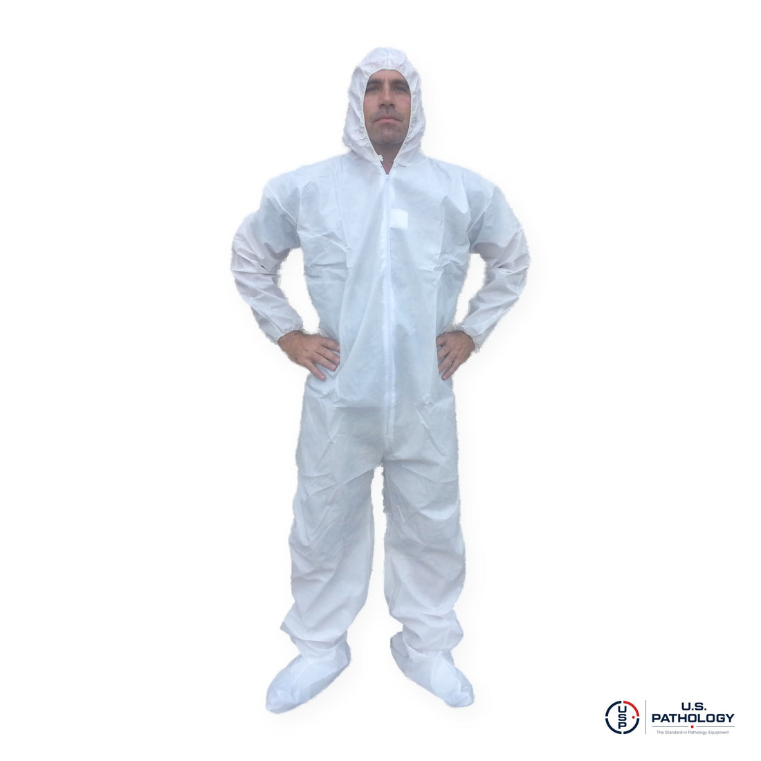 USPE Fluid-Resistant Embalming Coverall, PE-Coated, Attached Hood & Boots – Case of 25
