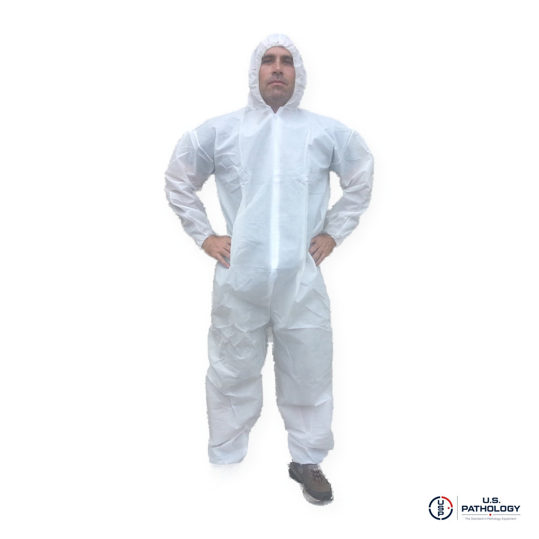 USPE Fluid-Resistant Embalming Coverall, PE-Coated, Attached Hood, Elastic Wrists & Ankles – Case of 25