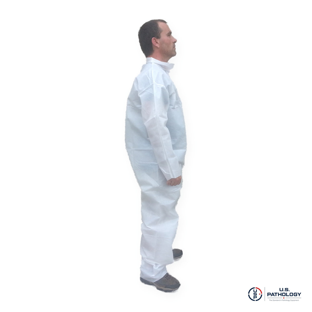 USPE Fluid-Resistant Embalming Coverall, PE-Coated, Zipper Front, Open Wrists & Ankles – side view