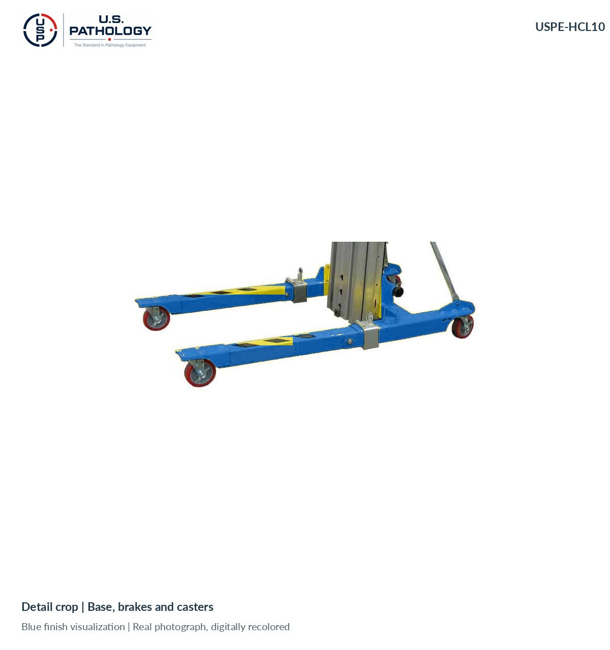 USPE-HCL10 base detail, crop of the same real reference photograph; proposed blue finish