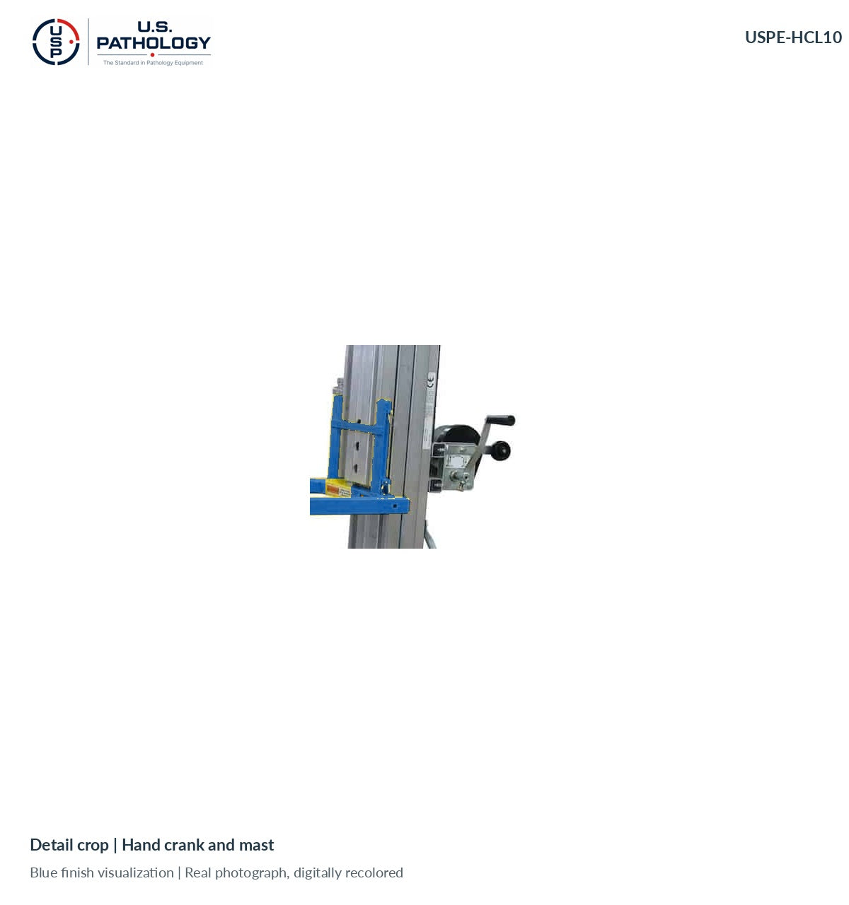 USPE-HCL10 winch detail, crop of the same real reference photograph; proposed blue finish