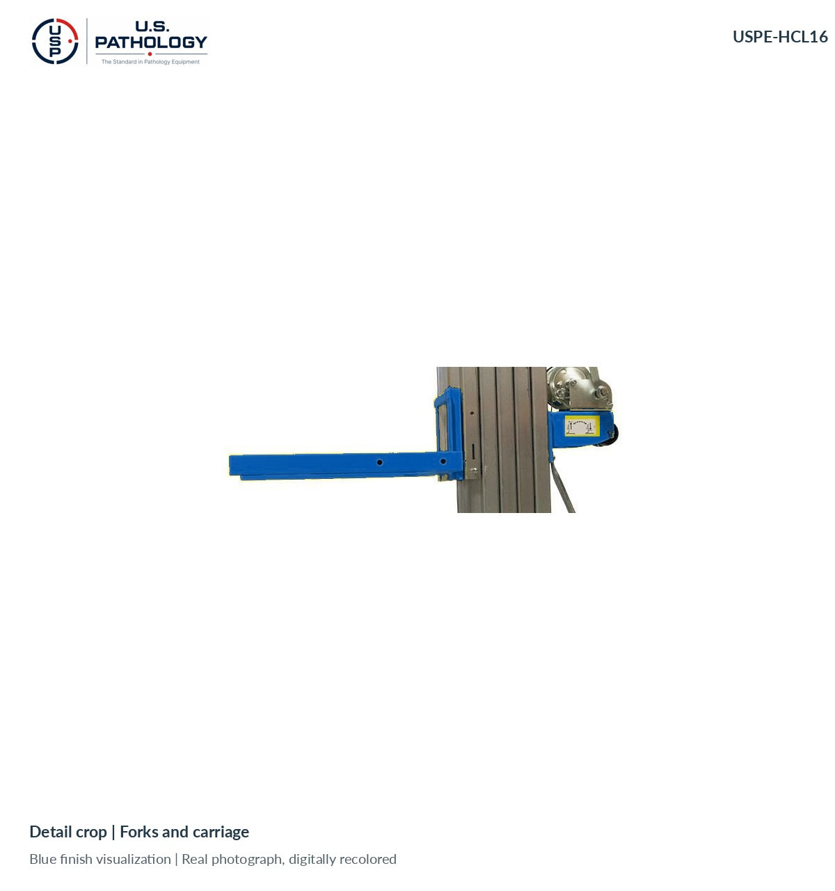 USPE-HCL16 fork-detail, genuine reference photograph with digitally proposed blue finish; supplied platform and finish subject to confirmation