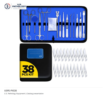 USPE Pathology Instrument Starter Kit, 38 Pieces – 18 reusable tools plus 20 blades – catalog reference USPE-PIK38; USPE catalog presentation