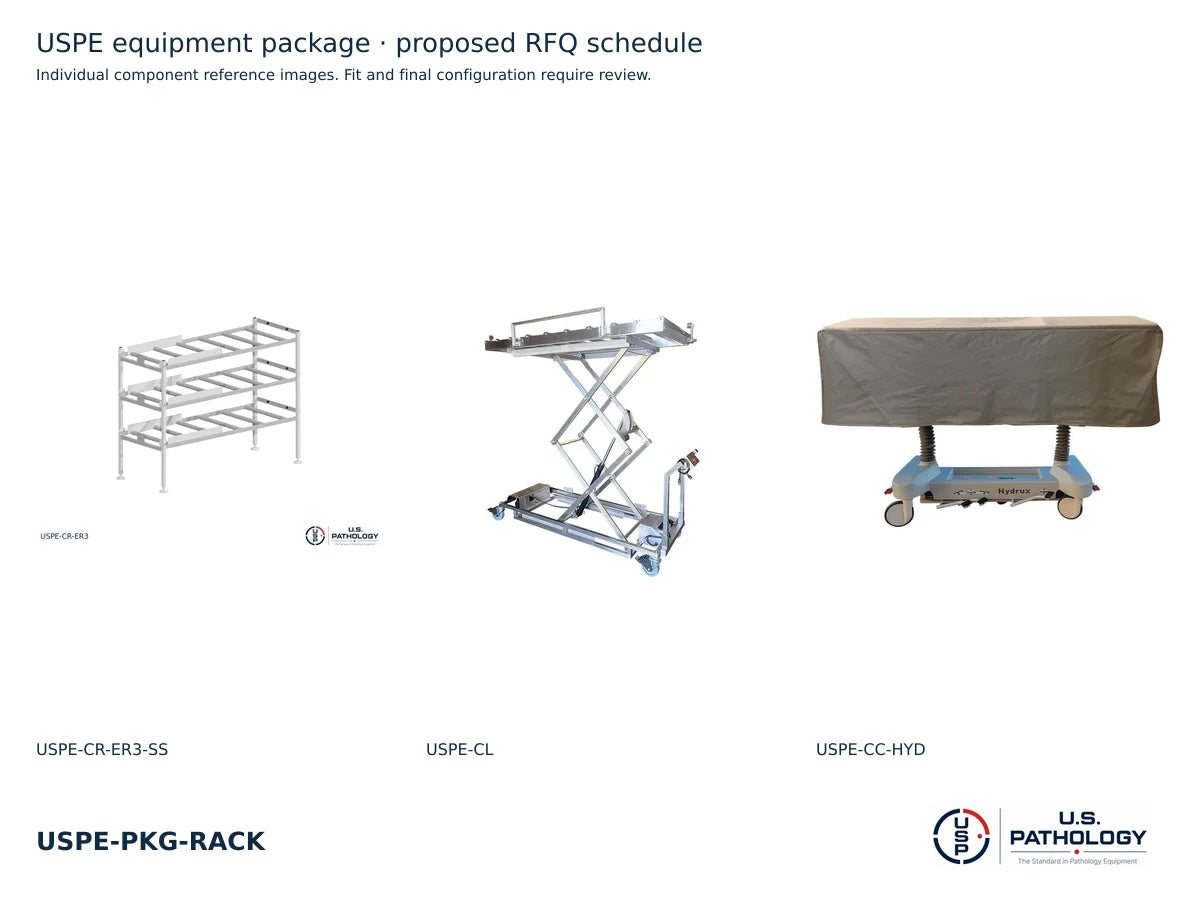 Institutional Cadaver Storage & Transfer Package | USPE-PKG-RACK | individual component reference images; final fit requires review