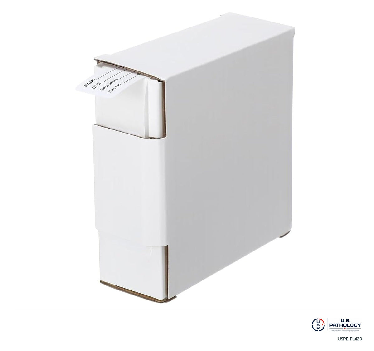 USPE-PL420 reference dispenser-box photograph; 420-label roll; actual USPE packaging subject to confirmation