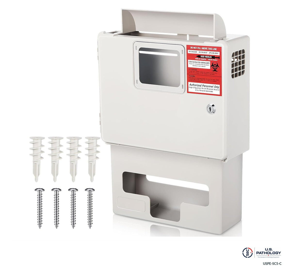 USPE 5-Quart Sharps Cabinet with Glove-Box Holder; source-reference image with original safety labels retained; final supplied USPE assembly and glove carton fit unverified