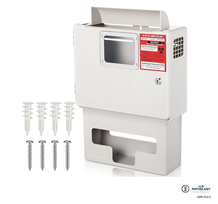 USPE 5-Quart Sharps Cabinet with Glove-Box Holder; source-reference image with original safety labels retained; final supplied USPE assembly and glove carton fit unverified