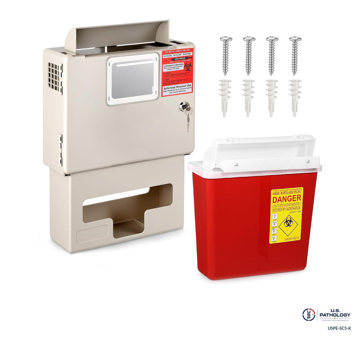 USPE 5-Quart Sharps Cabinet & Container Kit; source-reference image with original safety labels retained; final supplied USPE assembly and glove carton fit unverified
