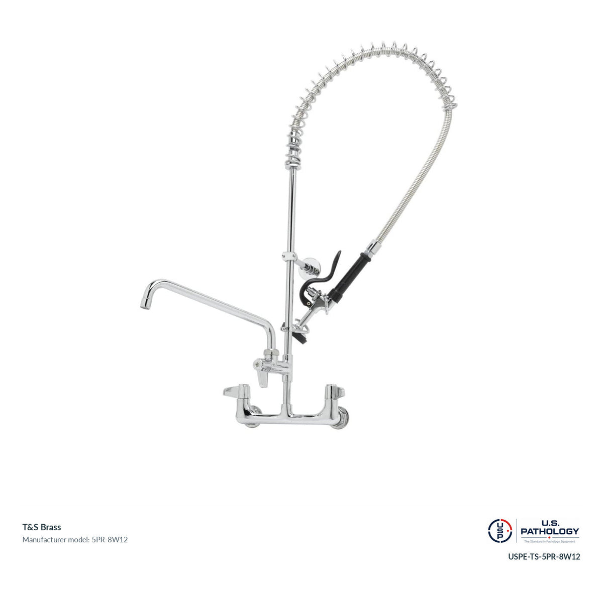 T&S Brass 5PR-8W12 Wall-mount pre-rinse base with add-on faucet; genuine T&S manufacturer reference; USPE catalog USPE-TS-5PR-8W12