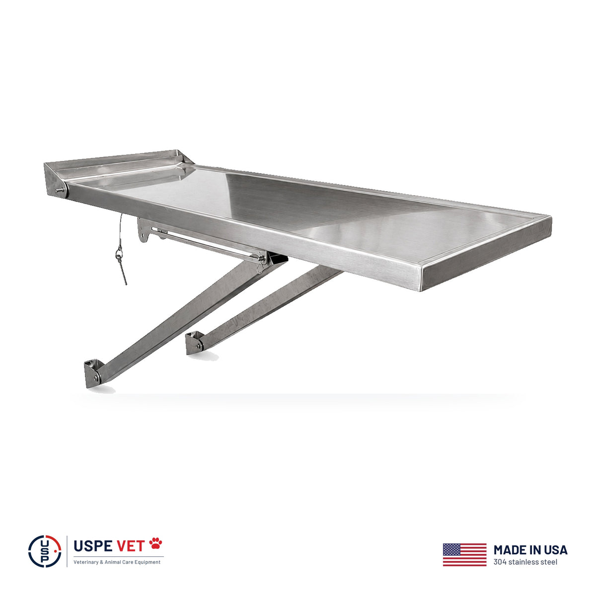 USPE Vet wall-mounted veterinary exam table angle view with tubing supports and pull pins