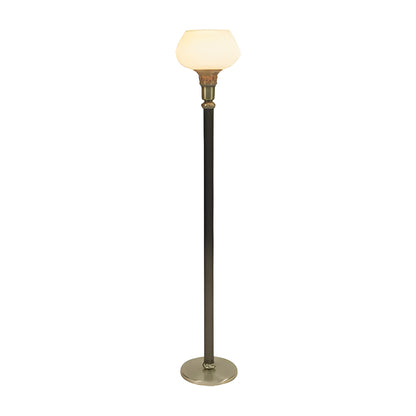 Vesper Torchiere Lamp in all-metal construction with a Nu Gold glass shade by American Mortuary Equipment