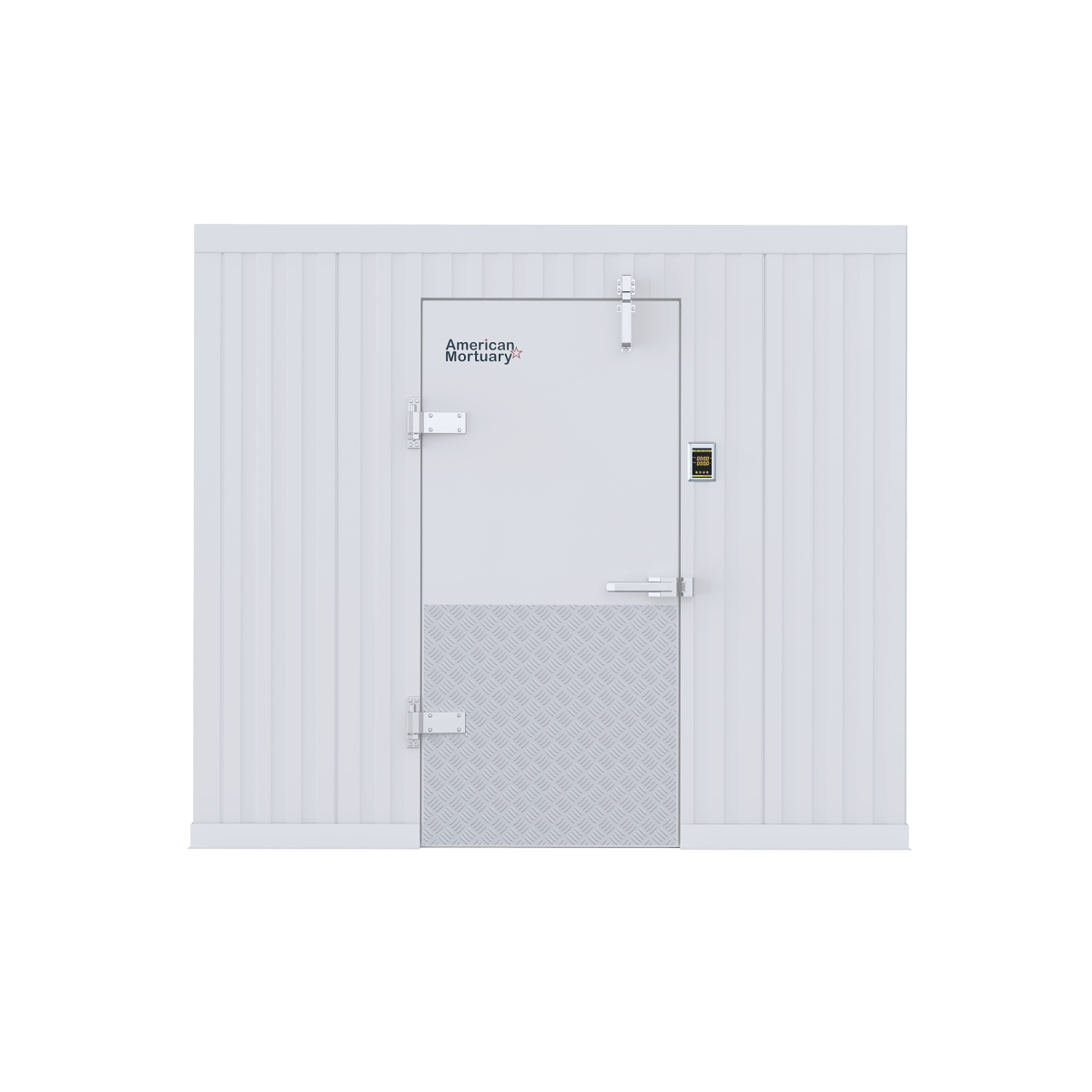 Industrial walk-in mortuary cooler and high-density freezer system by American Mortuary. Custom-engineered for precise temperature control and thermal efficiency, featuring modular 304 stainless steel panels and heavy-duty refrigeration for large-capacity cadaver storage
