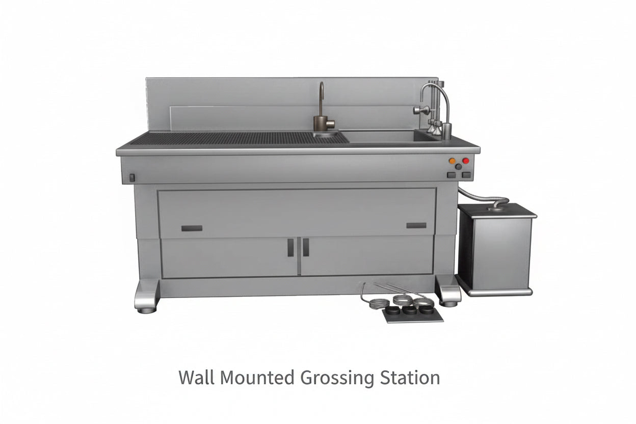 Wall mounted grossing station by American Mortuary Equipment in 304 stainless steel with backdraft ventilation made in Johnson City TN.