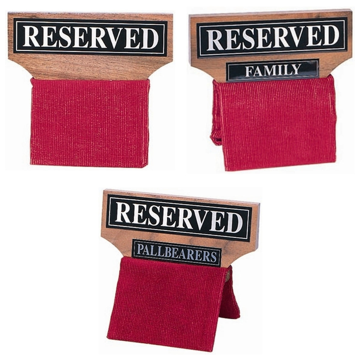 Walnut Reserved Seat Signs with Reserved, Reserved Family and Reserved Pallbearer wording