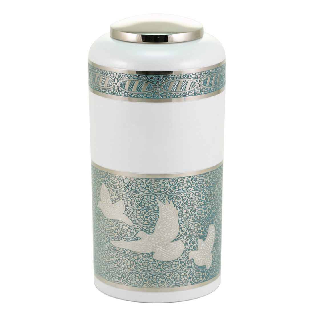 White and Green Flying Doves Brass Full Size Cremation Urn