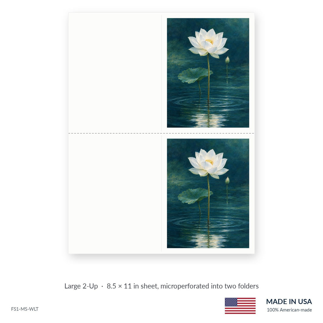 White Lotus funeral service folders, Large 2-Up 8.5 × 11 in sheet microperforated into two folders, Funeral Source One FS1-MS-WLT