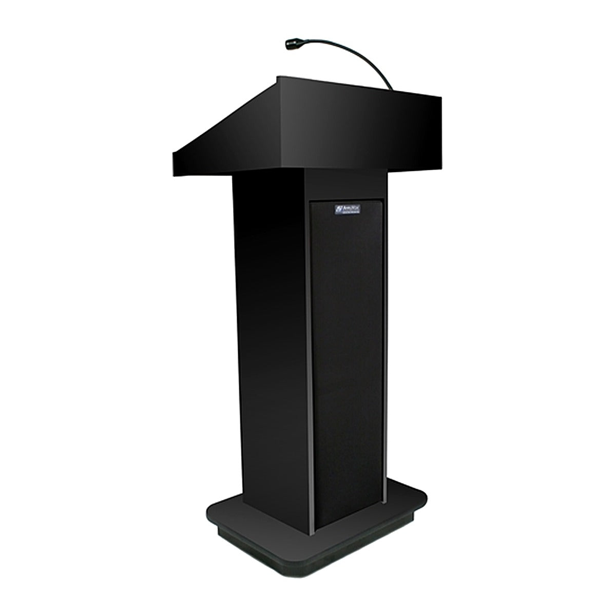 Wireless sound column lectern in black finish with gooseneck microphone