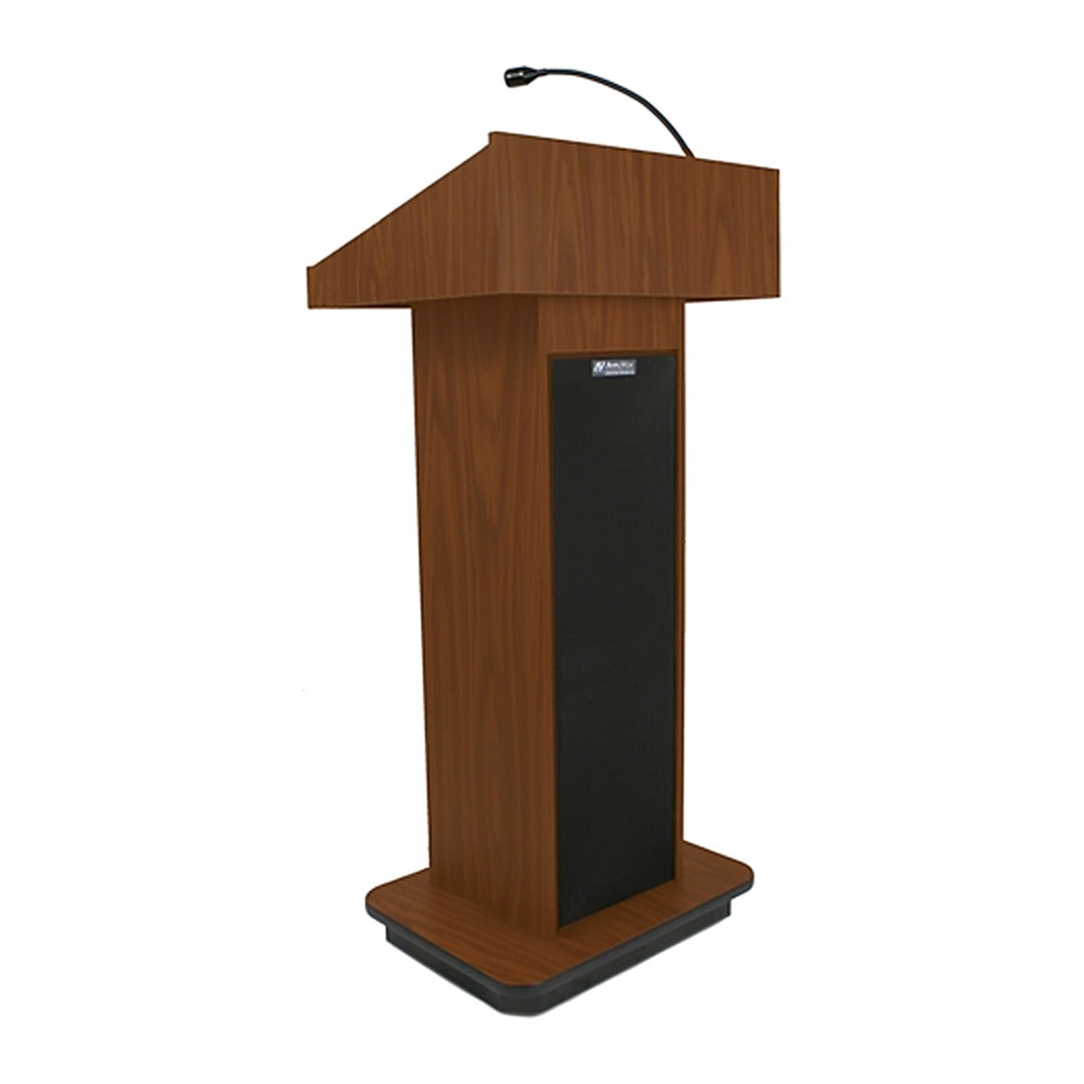 Wireless sound column lectern in mahogany finish with gooseneck microphone