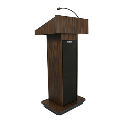 Wireless sound column lectern in walnut finish with gooseneck microphone