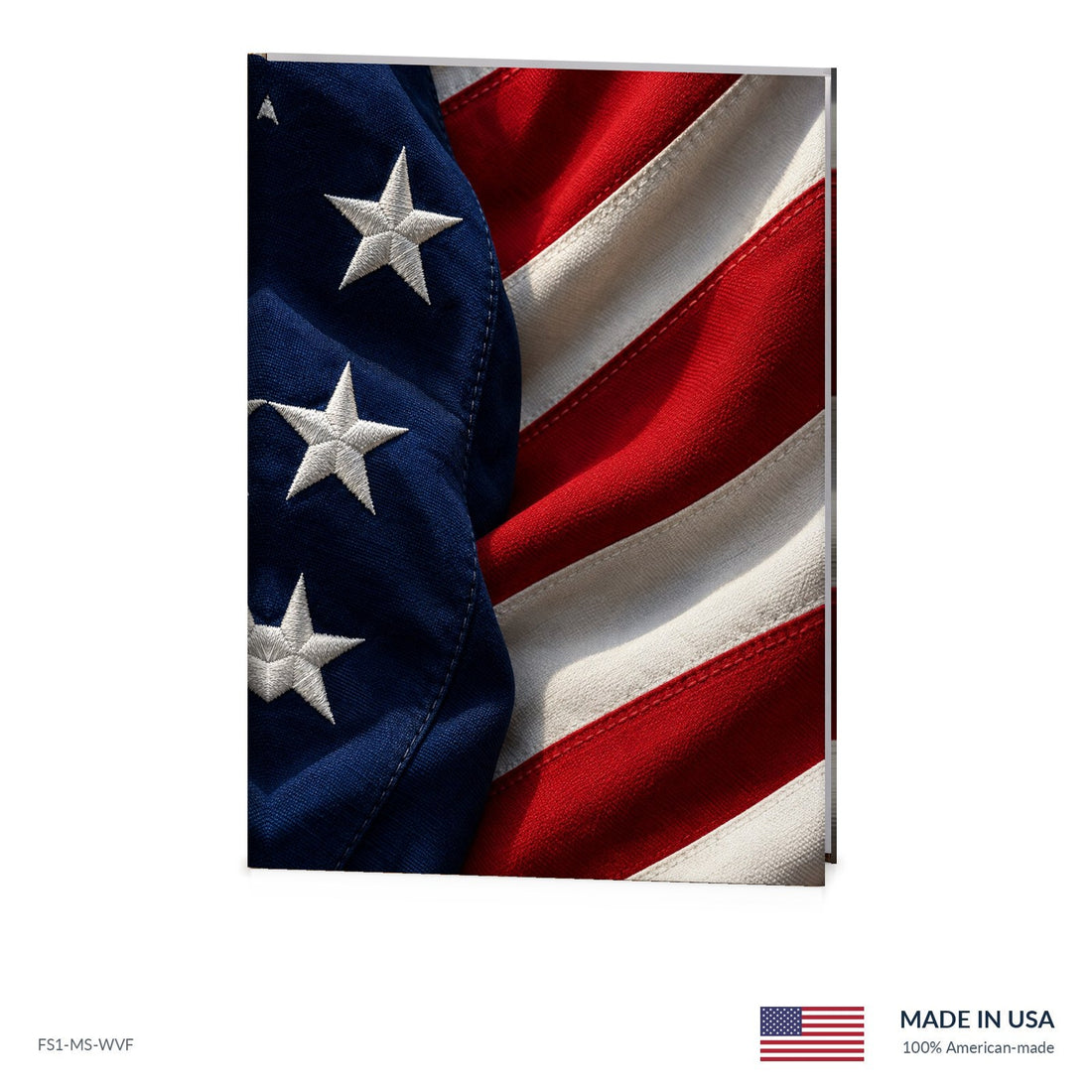 Woven Flag funeral register book with full-color cover wrap and visible page edge, Funeral Source One FS1-MS-WVF, Made in the USA