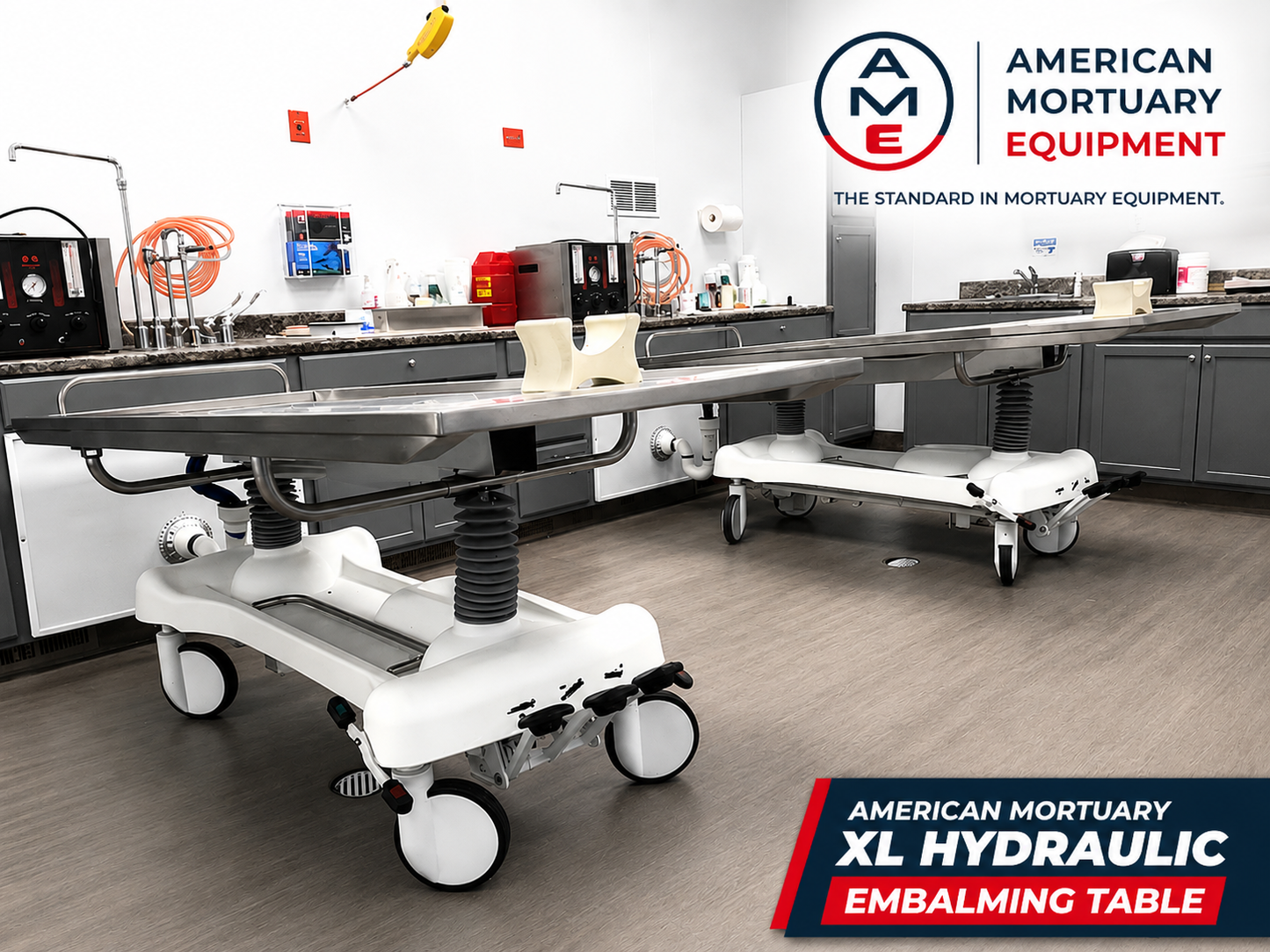 XL Hydraulic Embalming Tables | Stainless Steel Tops | Foot-Pedal Hydraulic Lift Base | Mortuary Prep Room | 2-Pack Cadaver Prep Tables | American Mortuary Equipment