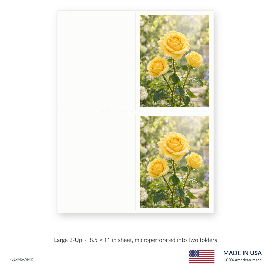 Yellow Roses funeral service folders, Large 2-Up 8.5 × 11 in sheet microperforated into two folders, Funeral Source One FS1-MS-AMR