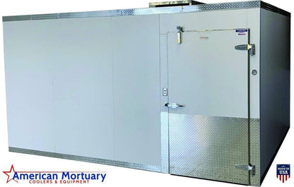 Large 10x16 American-made mortuary cooler designed for hospitals, funeral homes, and medical examiner facilities with high-capacity cadaver storage.
