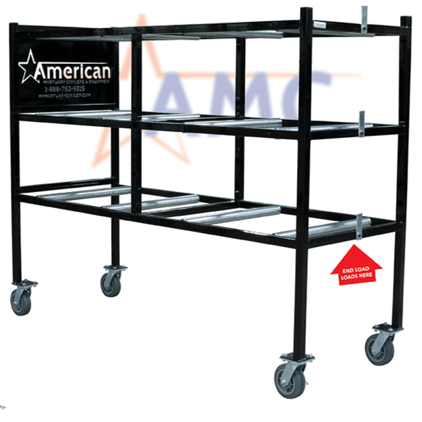 American made mortuary rack end loading with casters