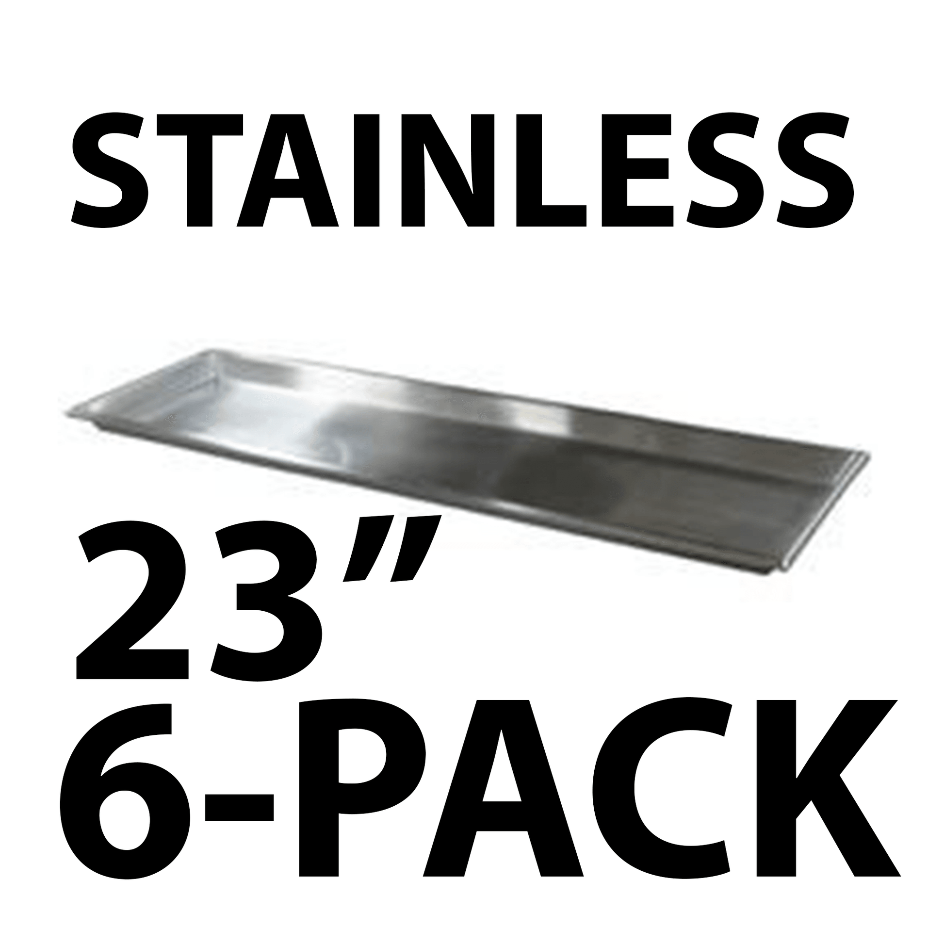 Set of six 23-inch stainless steel mortuary body trays with rolled edges, made in USA