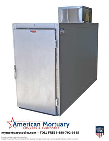 2 body roll-in style mortuary cooler full exterior, cot-compatible floorless cadaver storage