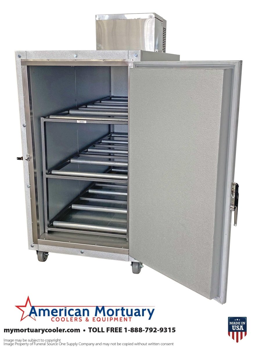 3 Body Mortuary Cooler AMC Model 3B with Interior Rolling Rack - American Mortuary Coolers & Equipments