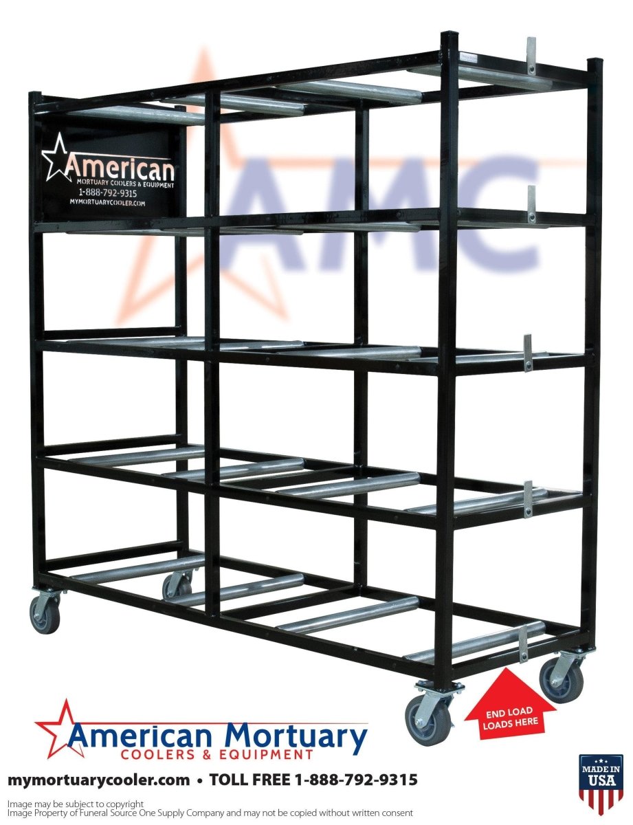 5 Tier End Loading Mortuary Roller Rack | Model 2000-5TEL | High-Density Cadaver Storage | Funeral Home Crematory Morgue Rack | American Mortuary Coolers