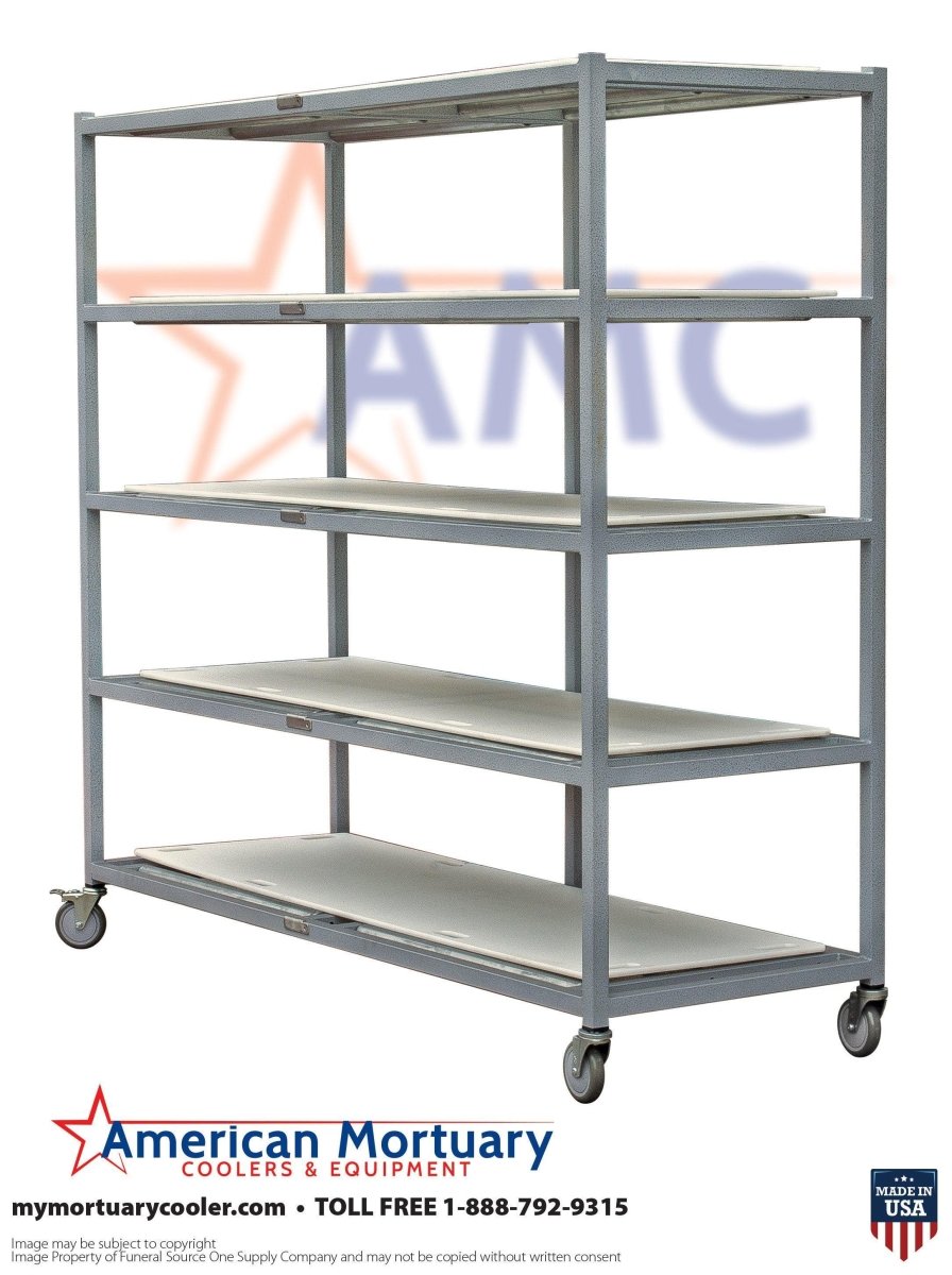 5 tier side loading mortuary roller rack Model 2000-5TSL, heavy-duty low profile body storage