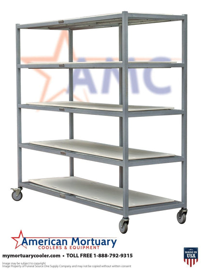 5 tier side loading mortuary roller rack Model 2000-5TSL, heavy-duty low profile body storage