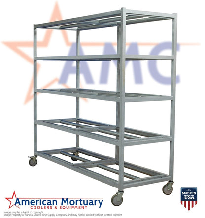 Model 2000-5TSL 5-tier rack roller bar detail, high-density side loading cadaver storage