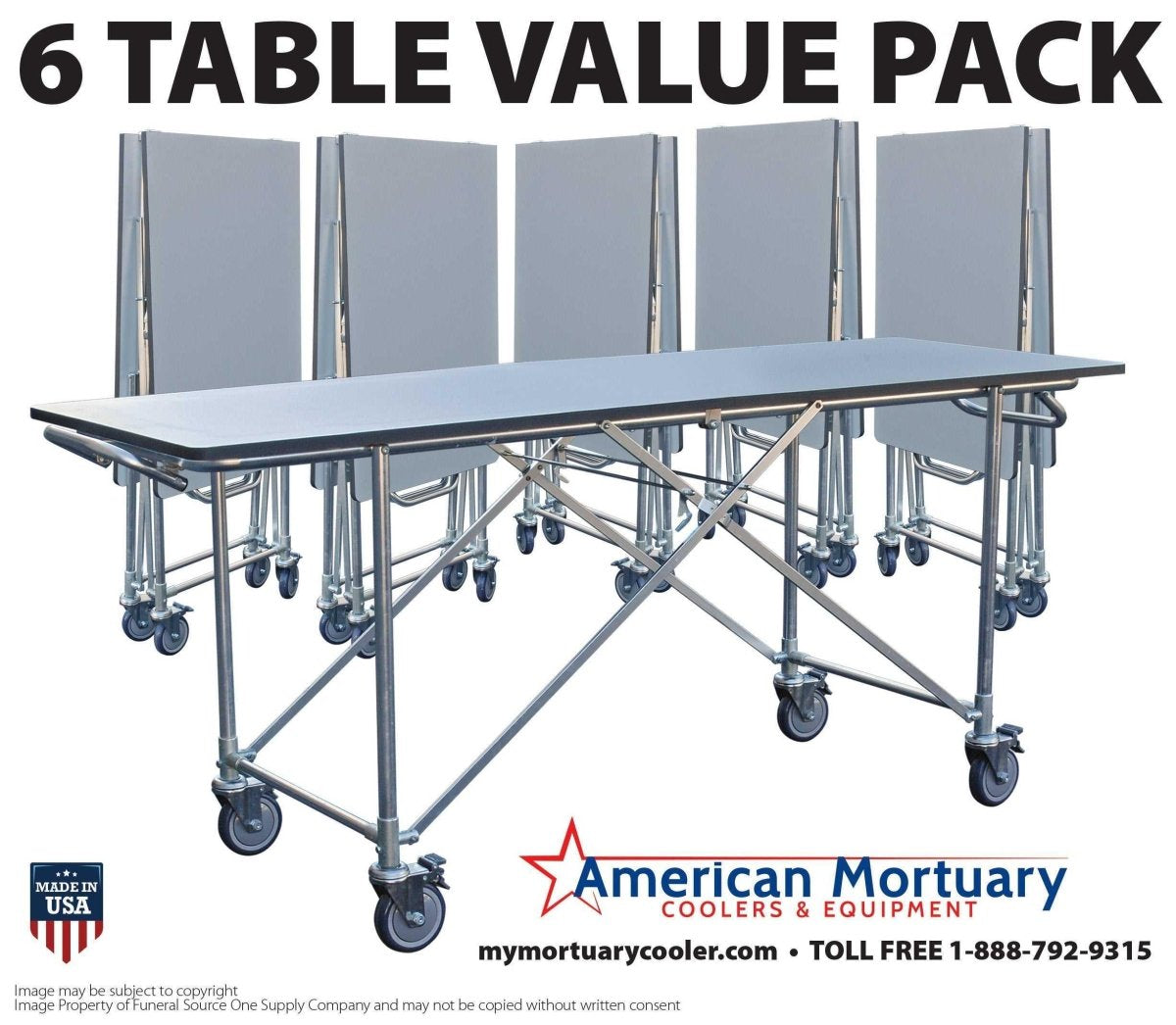 A 6-unit set of American Mortuary folding dressing tables shown in both folded and unfolded positions, highlighting the 600lb capacity and professional mobile frame.