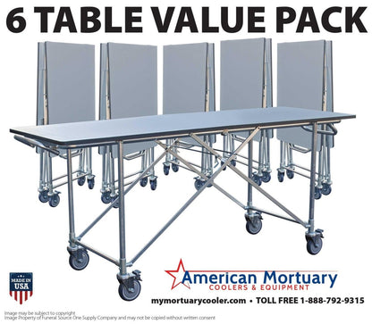A 6-unit set of American Mortuary folding dressing tables shown in both folded and unfolded positions, highlighting the 600lb capacity and professional mobile frame.