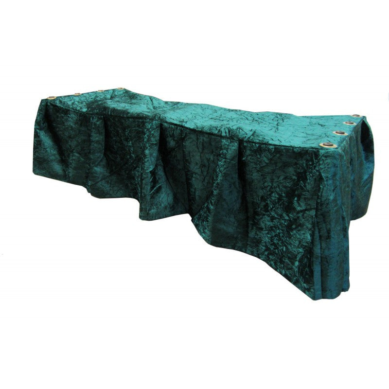 Evergreen crushed-velvet church truck drape with 12-pleat skirt covering a casket church truck