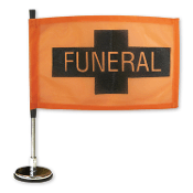 Orange magnetic funeral procession flags with black cross and chrome car-top base, one dozen