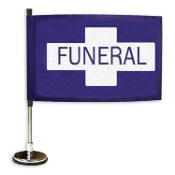 Purple magnetic funeral procession flags with white cross and chrome car-top base, one dozen