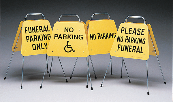 Set of five folding funeral traffic signs with chrome legs and carrying handle