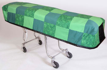Premium quilted mortuary cot cover and pillowcase in green patchwork fabric
